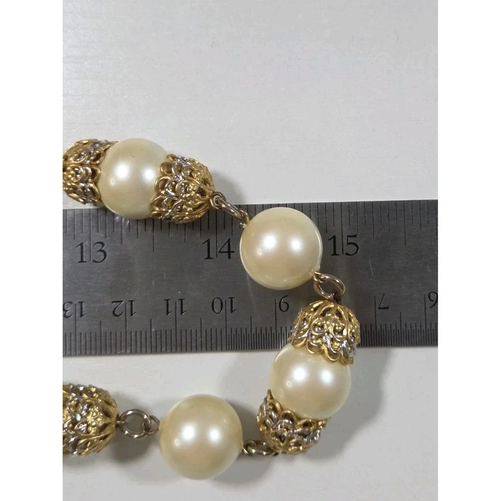Vintage Statement Faux Pearl Necklace w/ Alternating Gold Filigree Spacers - Picture 5 of 5